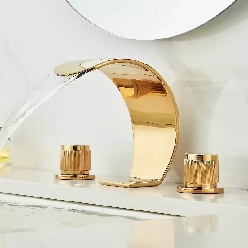 

Bathroom Faucet Gold Widespread 8' Basin faucet Brass Waterfall Tap 3 Hole Basin Mixer Hot Cold shower room sink