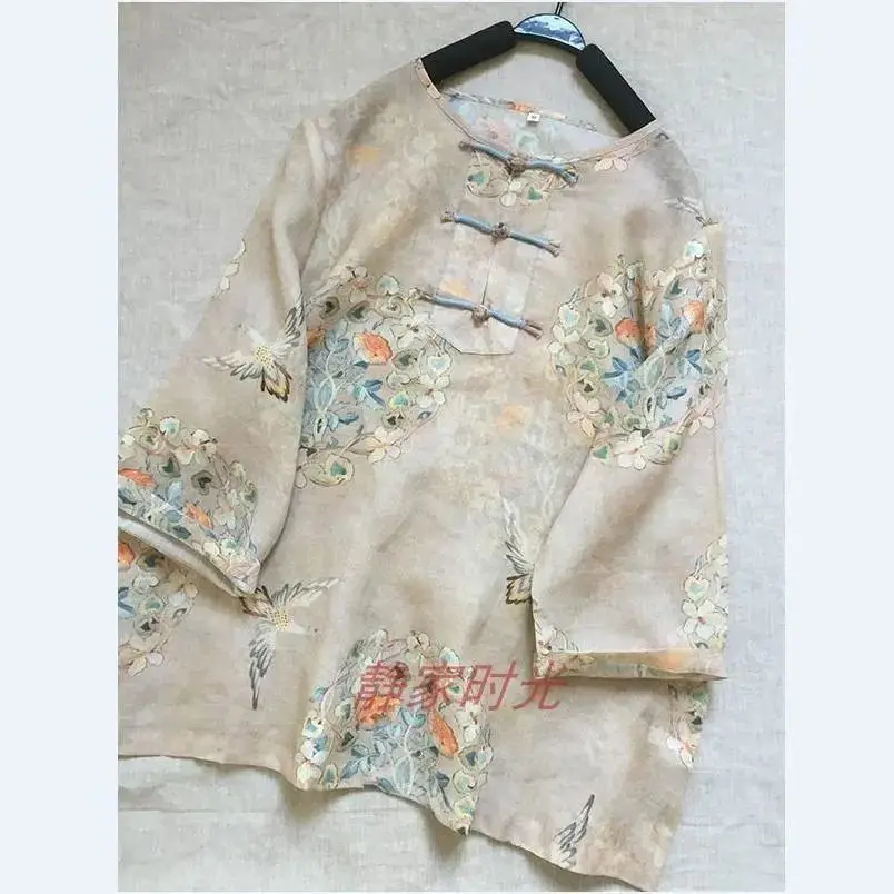 

Женская хлопково-льняная рубашка с воротником в стиле ретро, модифицированная футболка на пуговицах