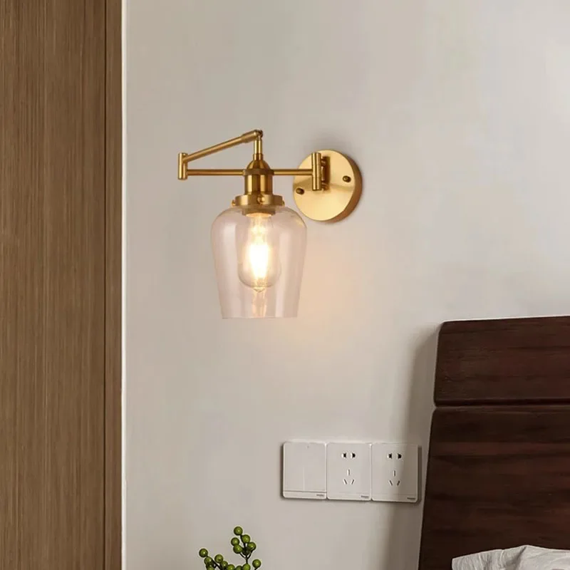 Retro Wall Light Vintage Village Glass Wall Sconce For Bedroom Corridor Living Room Adjustable Long Arm LED Home Decor Wall Lamp