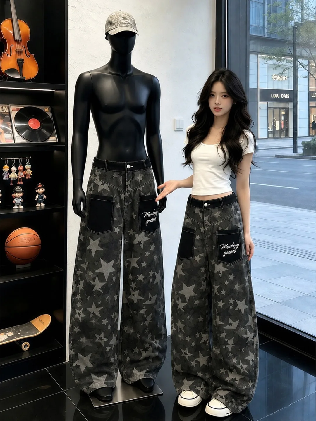 Calças Jeans Americanas Retrô com Estampa de Estrelas e Camuflagem, Corte Serrilhado, Soltas, Casuais, de Perna Larga, Compri...
