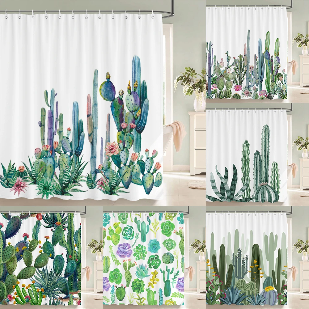 

Cactus Pattern Bath Curtain Waterproof Fabric Shower Curtains Fresh Flower Plant Bathtub Screen for Bathroom Home Decoration