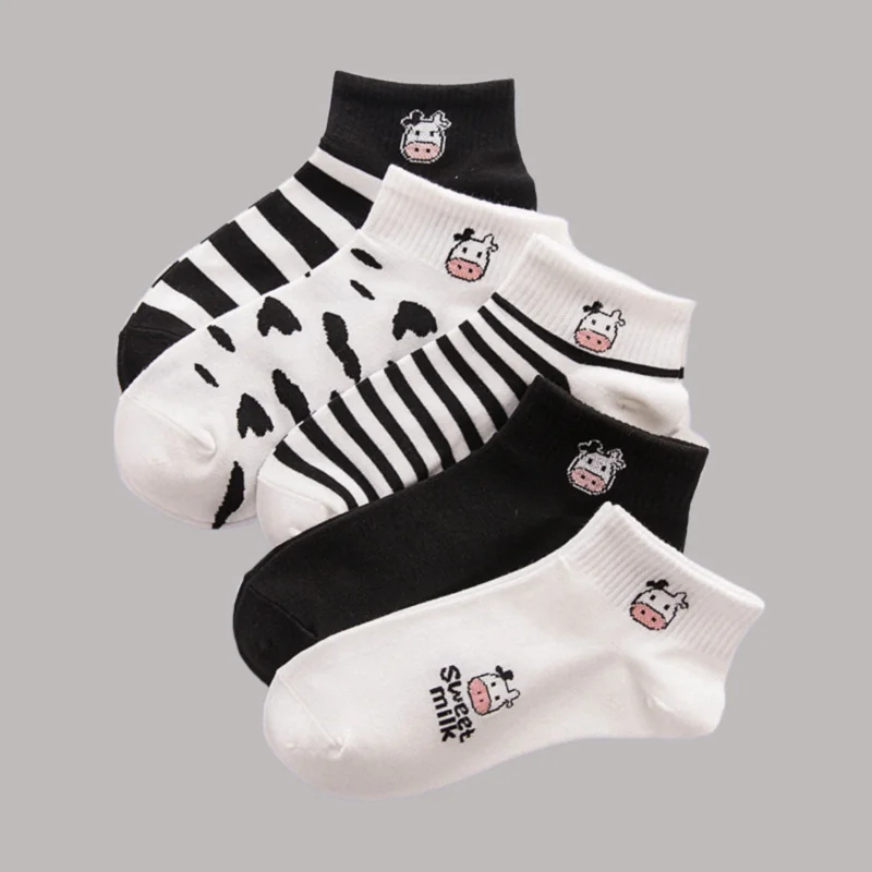 

5/10 Pairs New Summer Thin Shallow Mouth Socks College Women's Cotton Casual Socks Cartoon Black And White Cow Socks