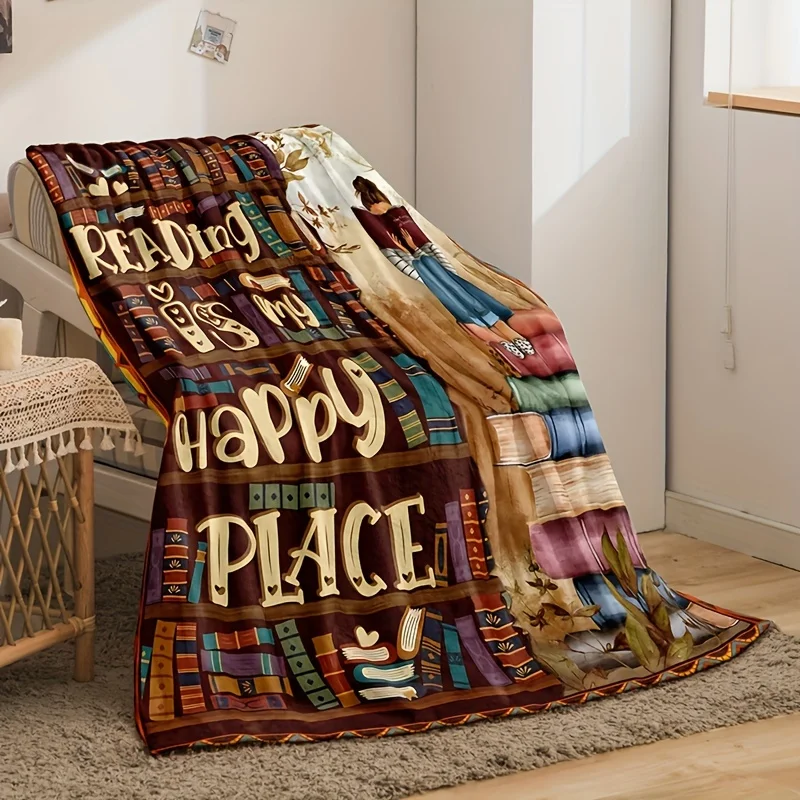 Reading Is My Happy Place Printed Blanket Students Gifts, Super Soft Fluffy Flannel Nap Blanket, Lightweight Warm