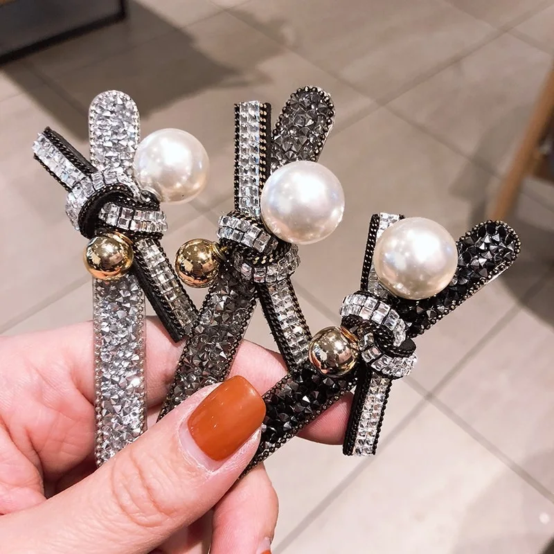 Women Pearl Rhinestone Hair Clips Korean Bow Knot Hairpin Luxury Crystal Side Bangs Barrettes Fashion Hair Accessories for Girls