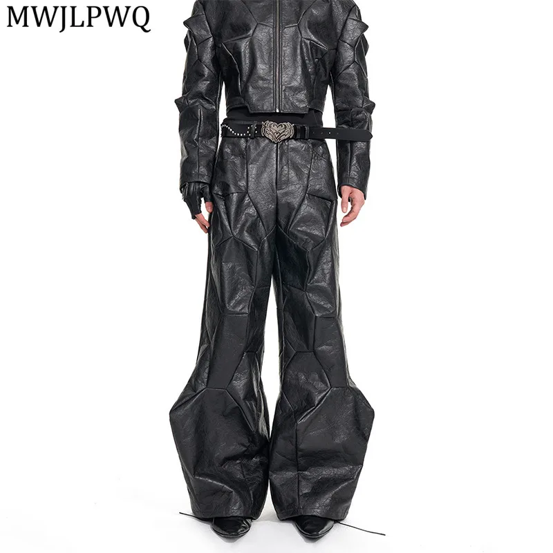 

MWJLPWQ Irregular Deconstructed Patchwork PU Leather Jeans Men's High Street Dark Style Niche Black Autumn Wide-Leg Pants 11738