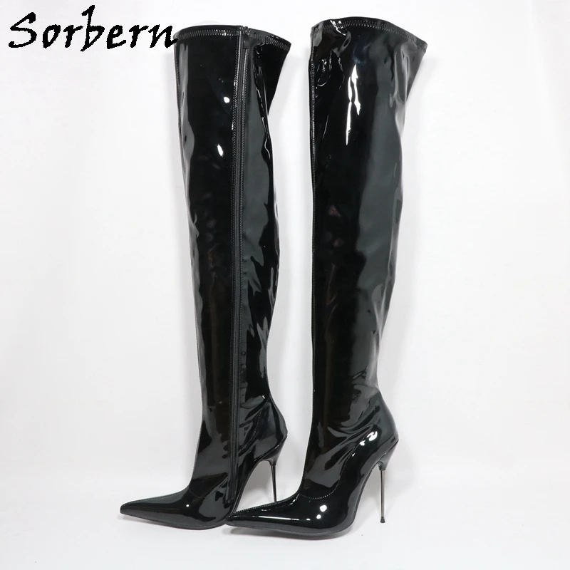 Sorbern Sexy Stilettos Metal Heel Boots Women Pointed Toe Mid Thigh High Patent Leather Long Boot Female Shoes Customized Legs