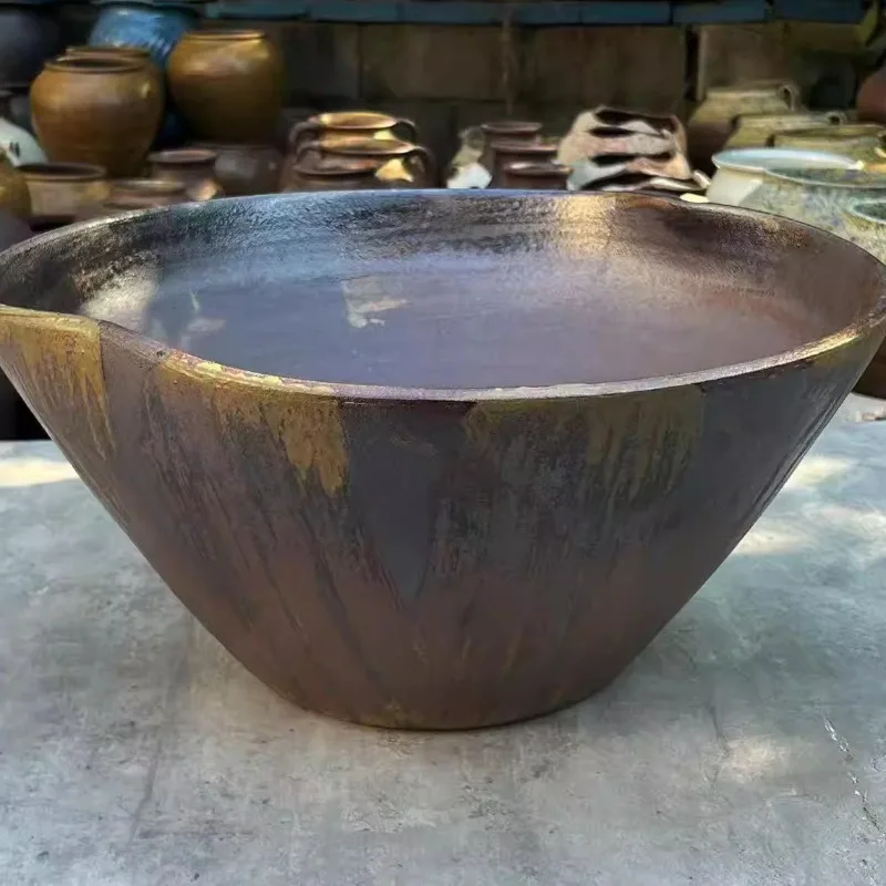 

Деревенский уличный садовый горшок, большой широкий кашпо ручной работы из грубой керамики для бонсай, комнатных растений и декора патио