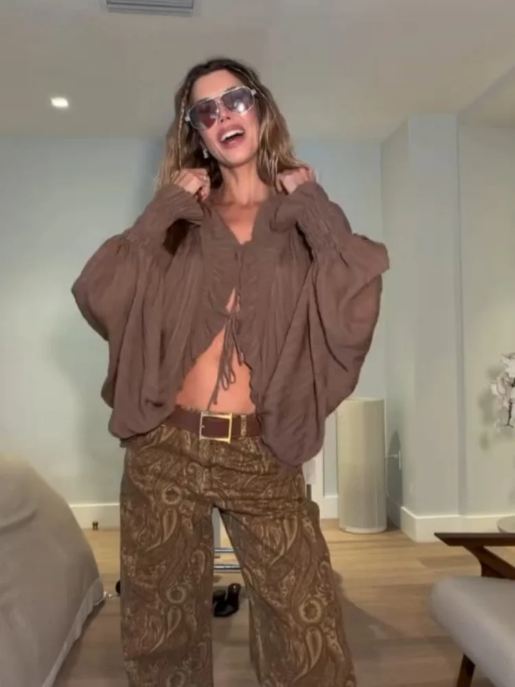 Women Ruffle V Neck Tie Front Flowy Blouse Brown Batwing Lantern Long Sleeve Loose Shirt Boho Chic Daily Vacation Street Wear