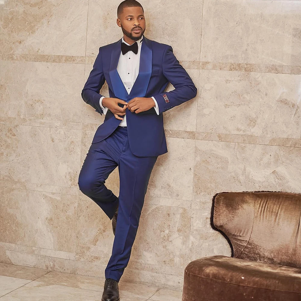 

Blue Peaked Lapel Men's Jacket One Single Button Man Bespoke Wedding Suits Groom Evening Dress Blazer Groomsmen Suit Customized