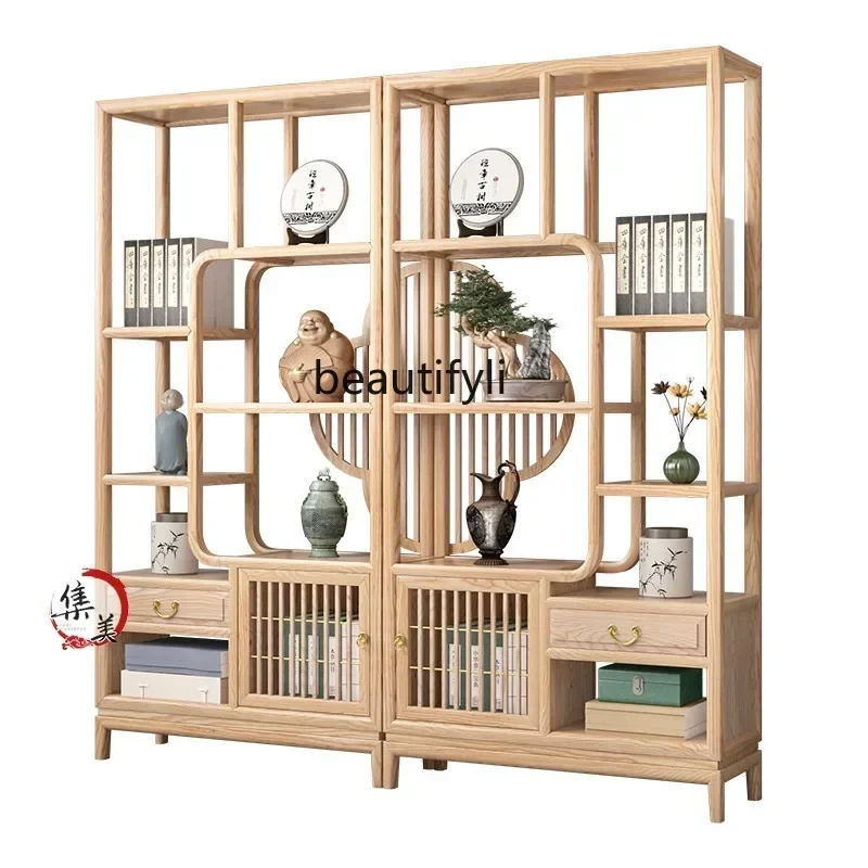 

New Chinese pure solid wood Bogu frame tea room ash wood is simple, tea rack storage display ornament cabinet partition