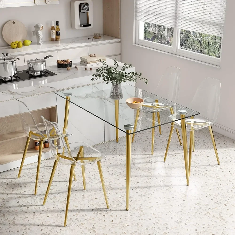 

51 inch 4-person glass dining table set, glass rectangular tabletop and transparent plastic dining chairs, free delivery