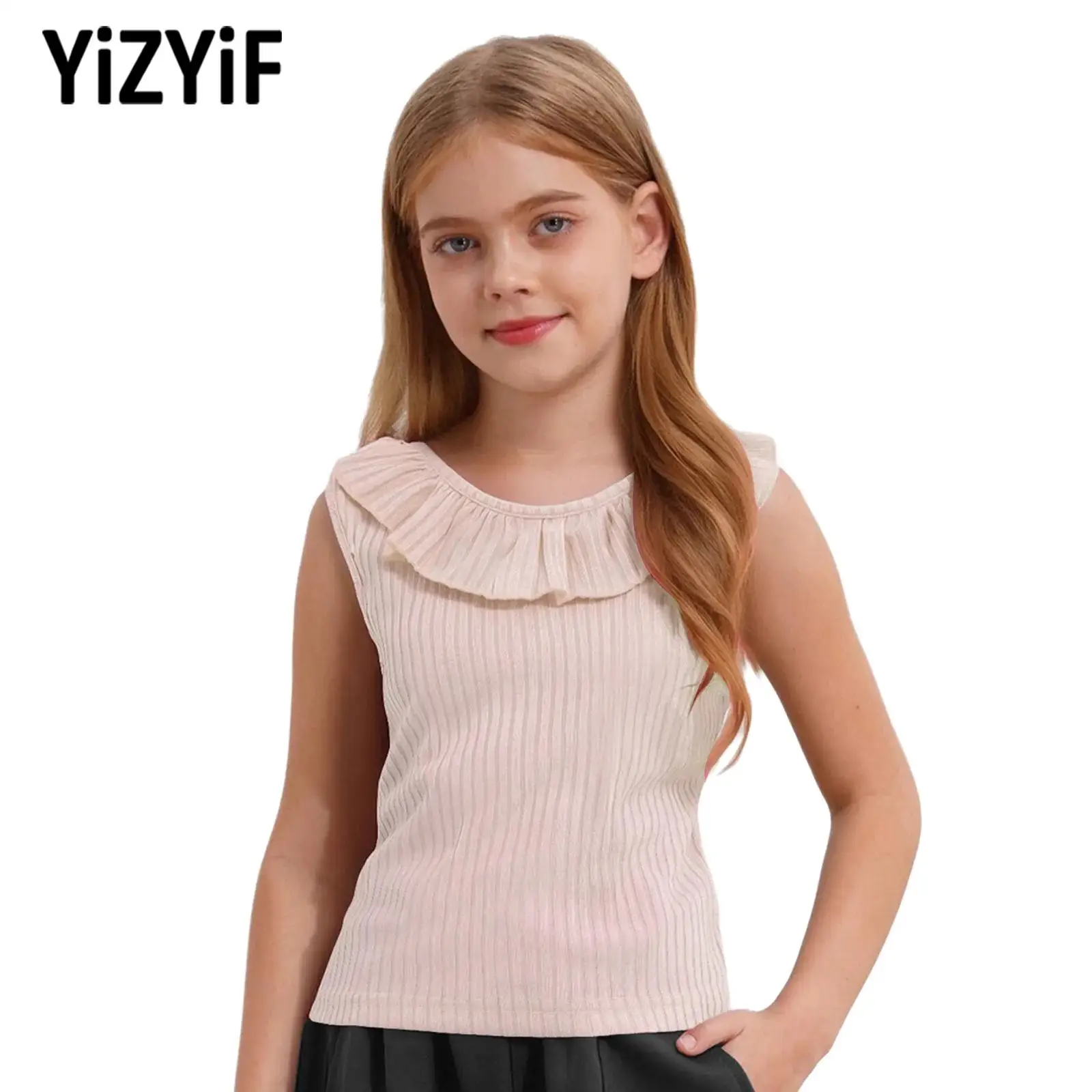 

Girls Yoga Gym Clothing Kids Vacation Beach Picnic Weekend Tops Cute Ruffle Ribbed Tank Top Sleeveless Fashion Cross Back Vest
