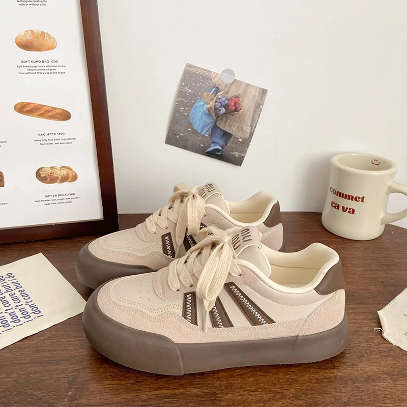 Kids Color Block Platform Skate Shoes Stripe Stitch Lace Up Non Slip Sole Wine Coffee Two Tone Girls Casual Footwear