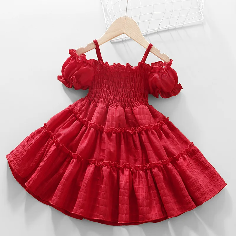 2024 Girls Dress Off-Shoulder Children Clothes Elegant Kids Birthday Party Dresses For Girl Casual Summer Dress 2-8 Years