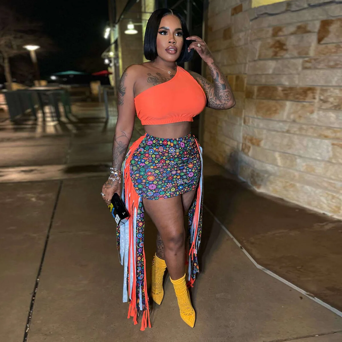 

Women's Skirts 2 Piece Set Sexy One Shoulder Skew Neck Crop Top + Print Long Tassel Mini Skirts Skinny Night Club Party Outfits