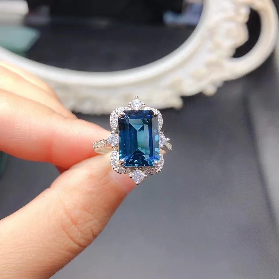 Classic Design London Blue Topaz Ring for Engagement 8mm*12mm 5ct VVS Grade Natural Topaz 925 Silver Ring with 18K Gold Plating