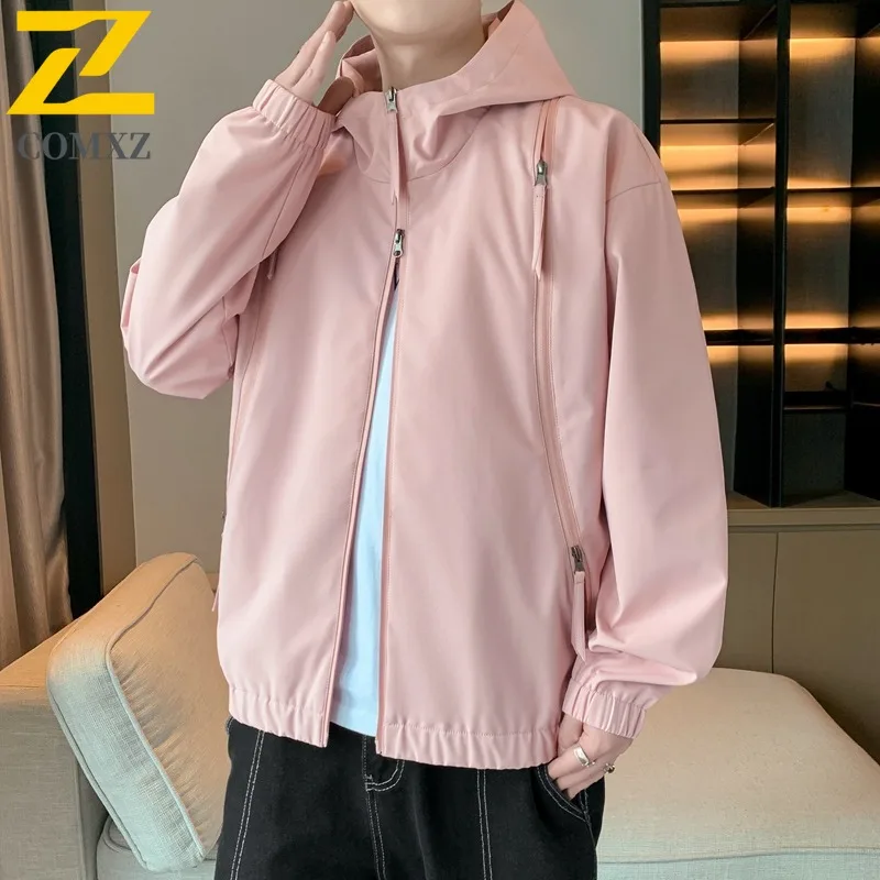 

COMXZ 2025 Mens Womens Pink Hooded Windbreaker Autumn Winter Couple Outdoor Casual Plus Size Jacket Youth Sporty Coat