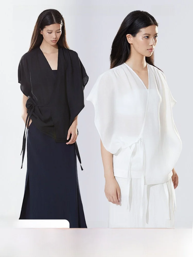 

VAPOURBLUE New Chinese Sle Women's irt Summer Original Design Loose Fit ort Sve V-Ne Transparent Breathable Top