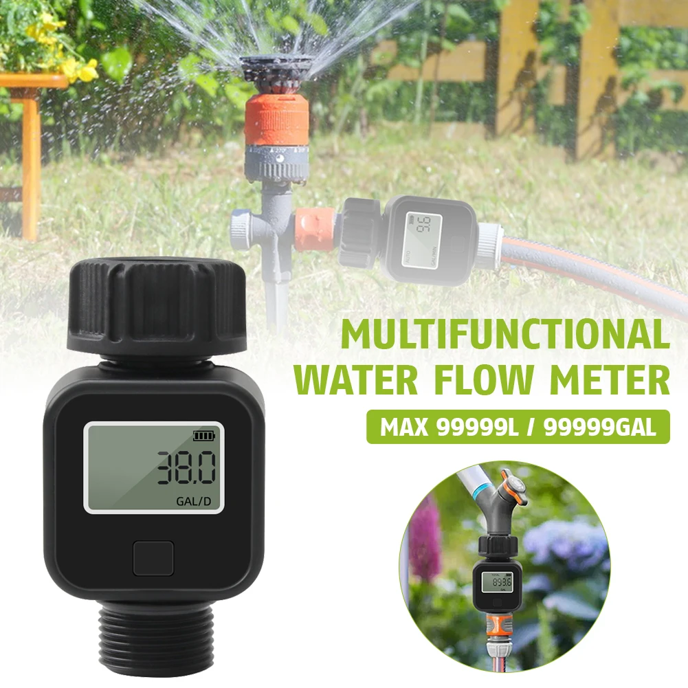 Outdoor Garden Digital Water Flow Meter 3/4“ Hose Water Meter Measure Consumption and Water Flow Rate with Quick Connectors