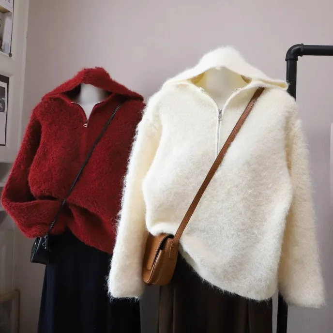 

Женский свитер с капюшоном Thiened на молнии, повседневный зимний новый свободный вязаный топ, мягкий уютный Fem Faion 2025