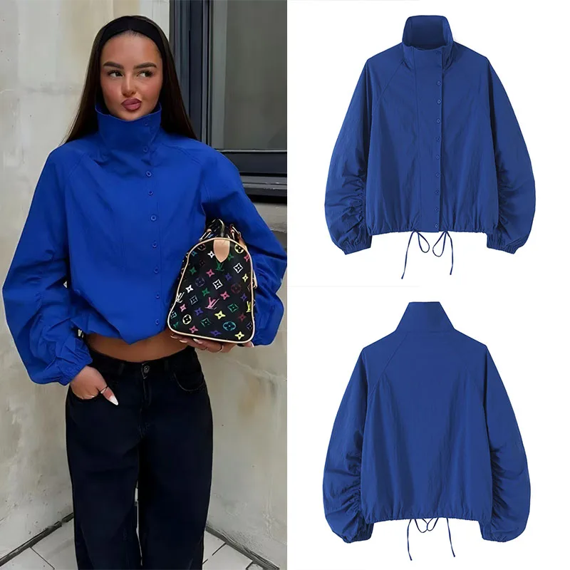 Guobioziy Women's Tech Fabric Jacket 2026 Spring/Autumn Collection Blue Button Detail Euro-American Casual Fashion for Daily