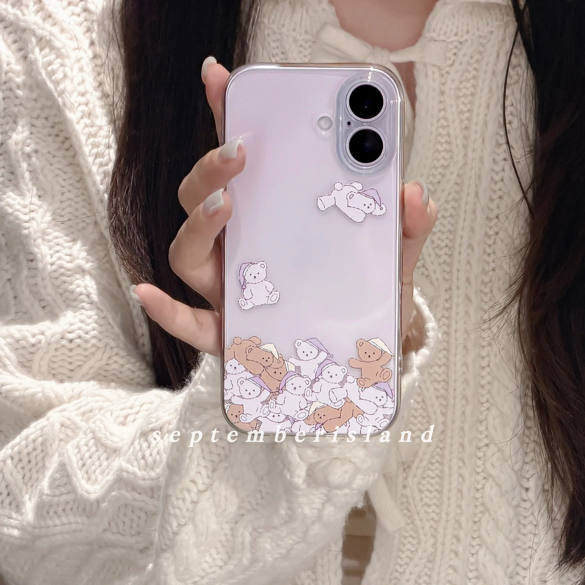 

Cute Cartoon Purple Teddy Bear Phone Case For iPhone 17 16 15 11 12 14 13 Pro Max X XS XR 17E Transparent Shockproof Cover