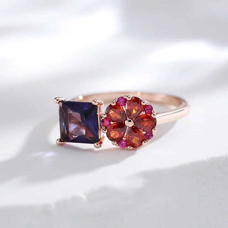 Kinel Hot Square Purple Natural Zircon Ring For Women 585 Rose Gold Color Flower Jewelry Fine Daily Accessories