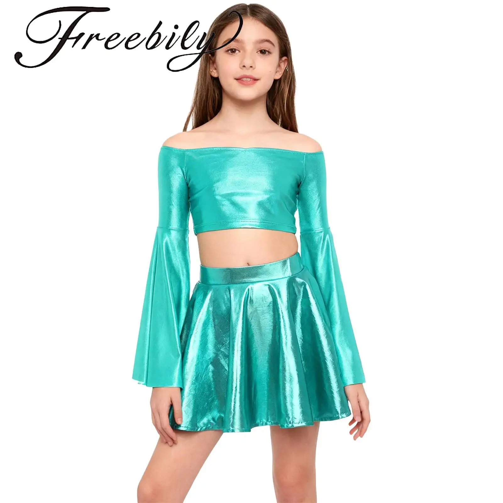 

Kids Girls Metallic Dance Sets Long Flared Sleeve Off-Shoulder Crop Top with Shiny Ruffled Skirt for Performance Birthday Party