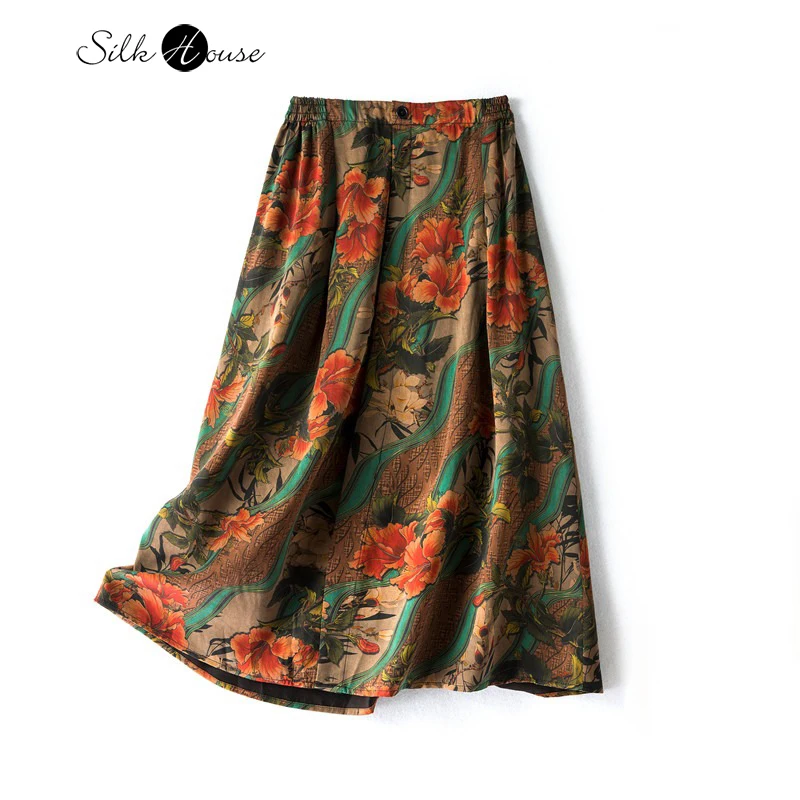 2025 Women's Casual Autumn New Style 100% Natural Mulberry Silk Gambiered Guangdong Gauze High Waist Printed A-line Skirt