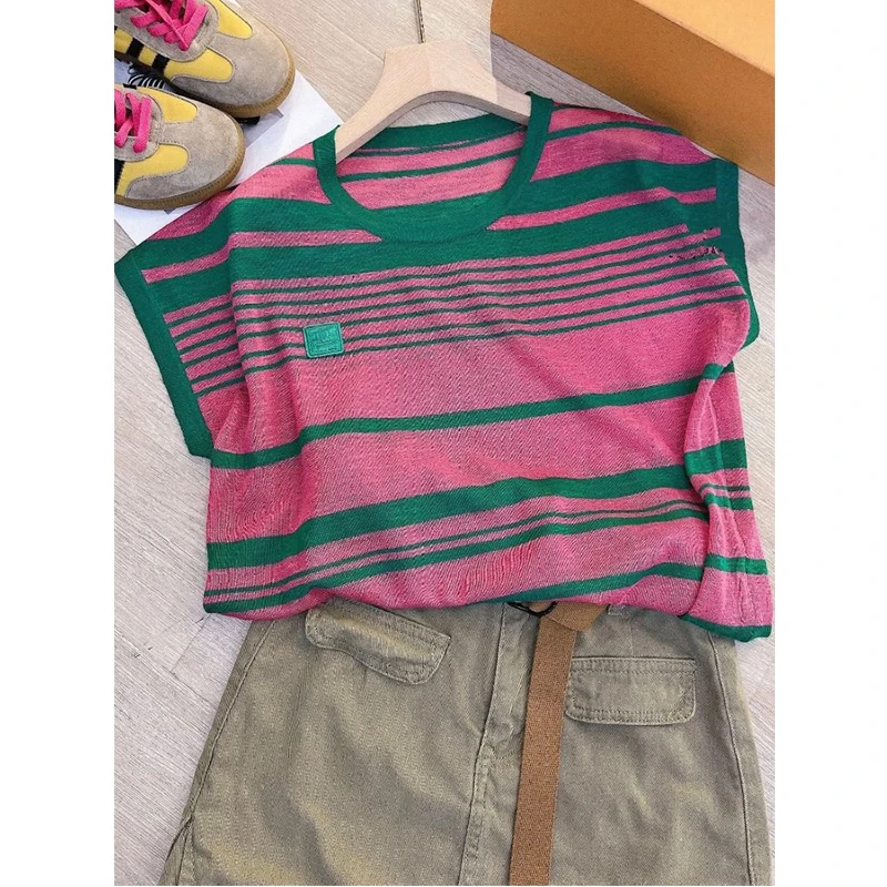 Women Striped Print Appliques Simple Casual Comfortable Ice Silk Knit T Shirt Summer Trendy Short Sleeve Y2K Tops Ropa De Mujer