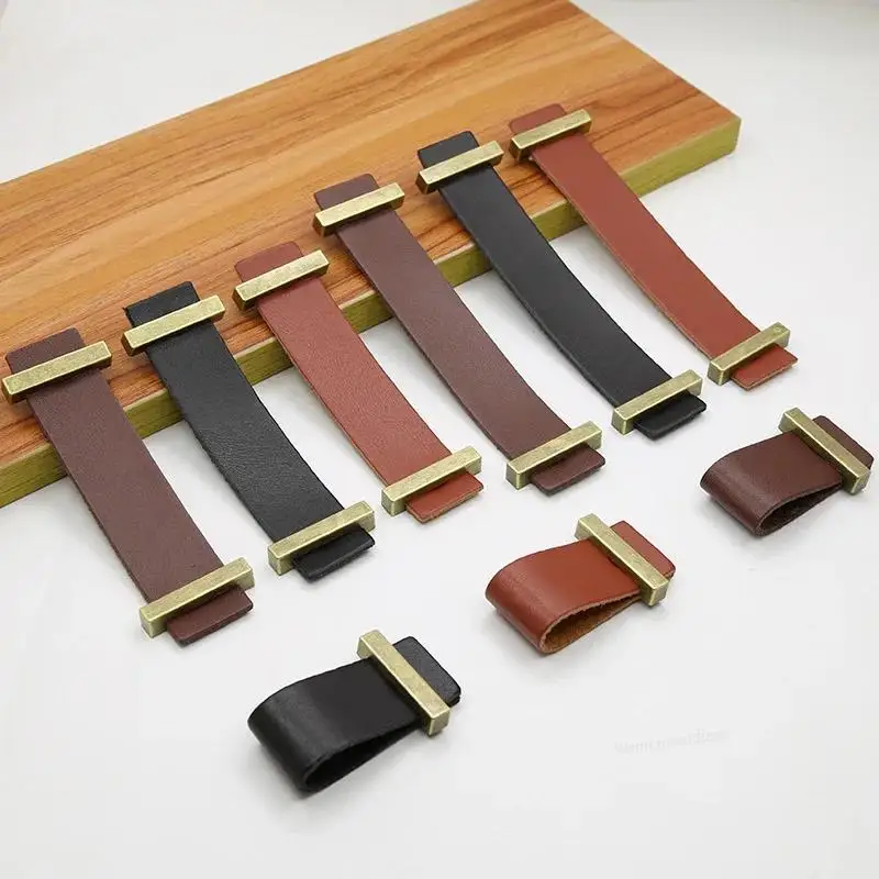 96/128mm Cabinet Door Leather Handle Wardrobe Pulls Retro Classical Drawer Dresser Brown Kitchen Furniture Handles Leather Knobs