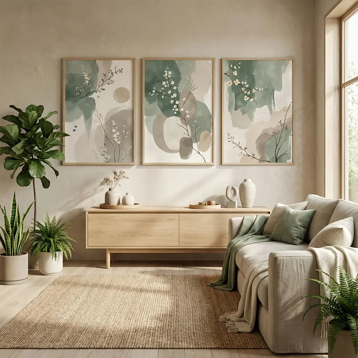 3pcs Japanese-Style Plant Canvas Wall Art Frameless Abstract Watercolor Sage Green & Beige Leaf Canvas Poster for Bedroom Decor view 4
