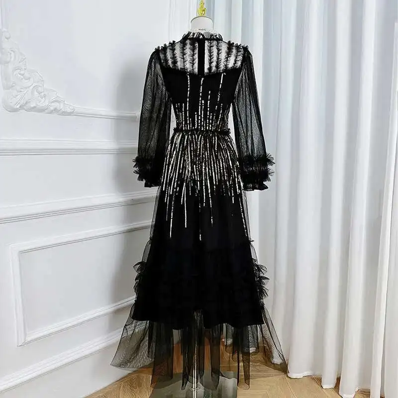 Elegante bordado lantejoulas vestidos longos feminino verão camada babados bolo manga cheia festa de noite vestidos malha tule midi robe