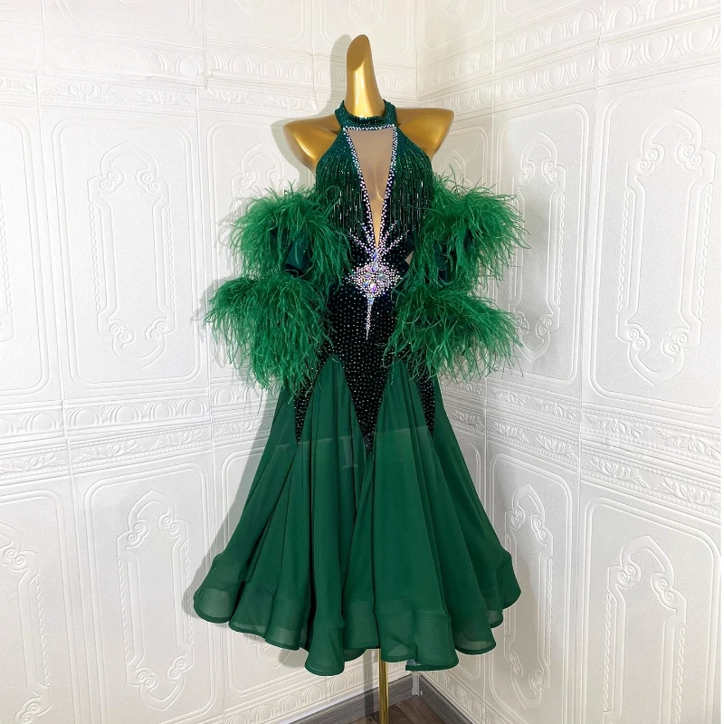 Vrouwelijke Ballroom Dans Struisvogelveren Mesh Splicing Lange Mouwen Jurken Aanpassen Volwassen Wals Ango Moderne Wedstrijd Kleding
