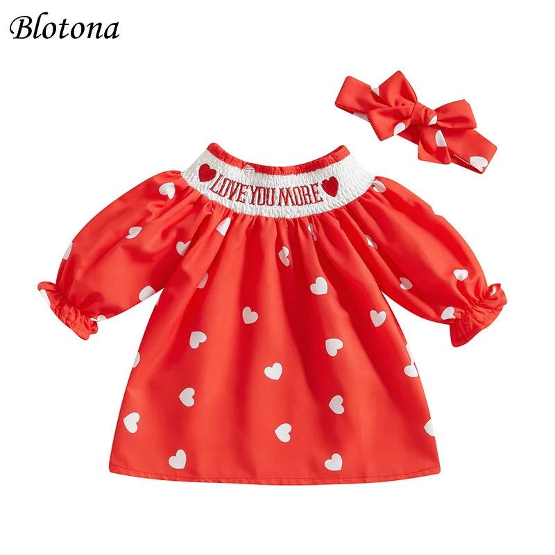 Blotona Baby Girl Valentine’s Day Dress Long Sleeve Round Neck Heart Embroidery Dress with Headband Set