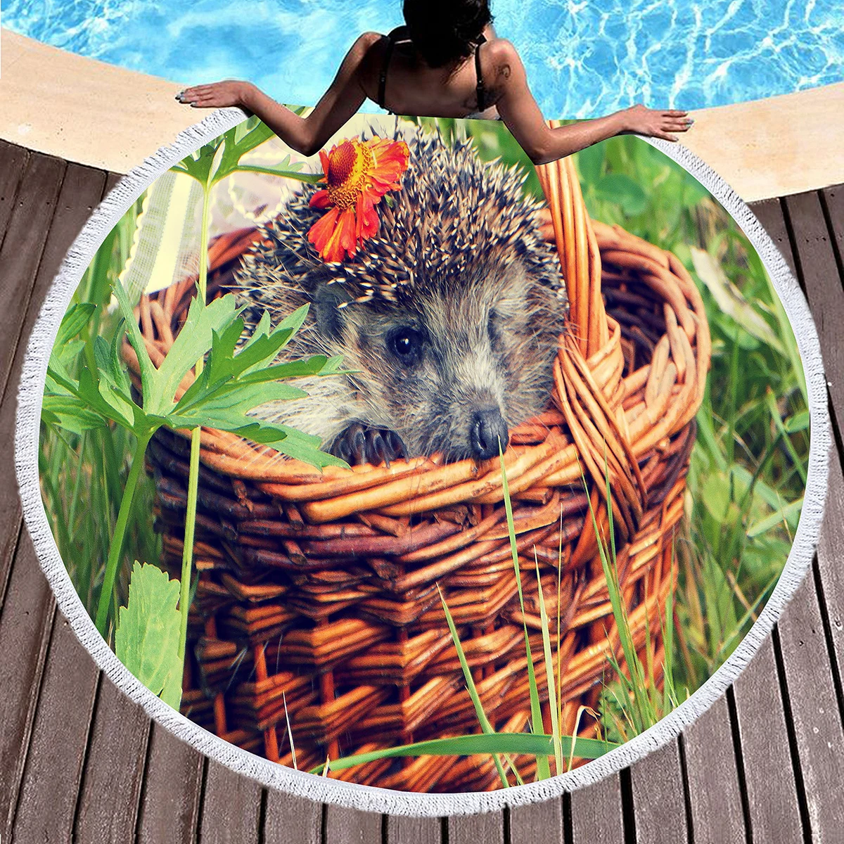 Hedgehog Round Beach Towel with Tassels,Kawaii Animal Hedgehog Pattern Beach Blanket,Absorbent Quick Dry Pool Towel Picnic Mat