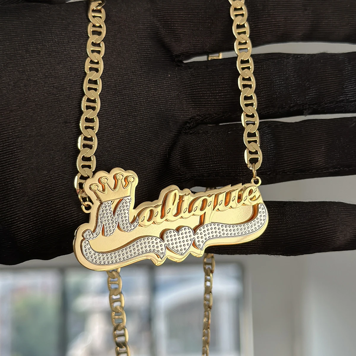 

New Custom Double Name Necklace with Crown 3D Two Tone Name Pendant Personalized Gold NamePlate Jewelry Gifts For Women