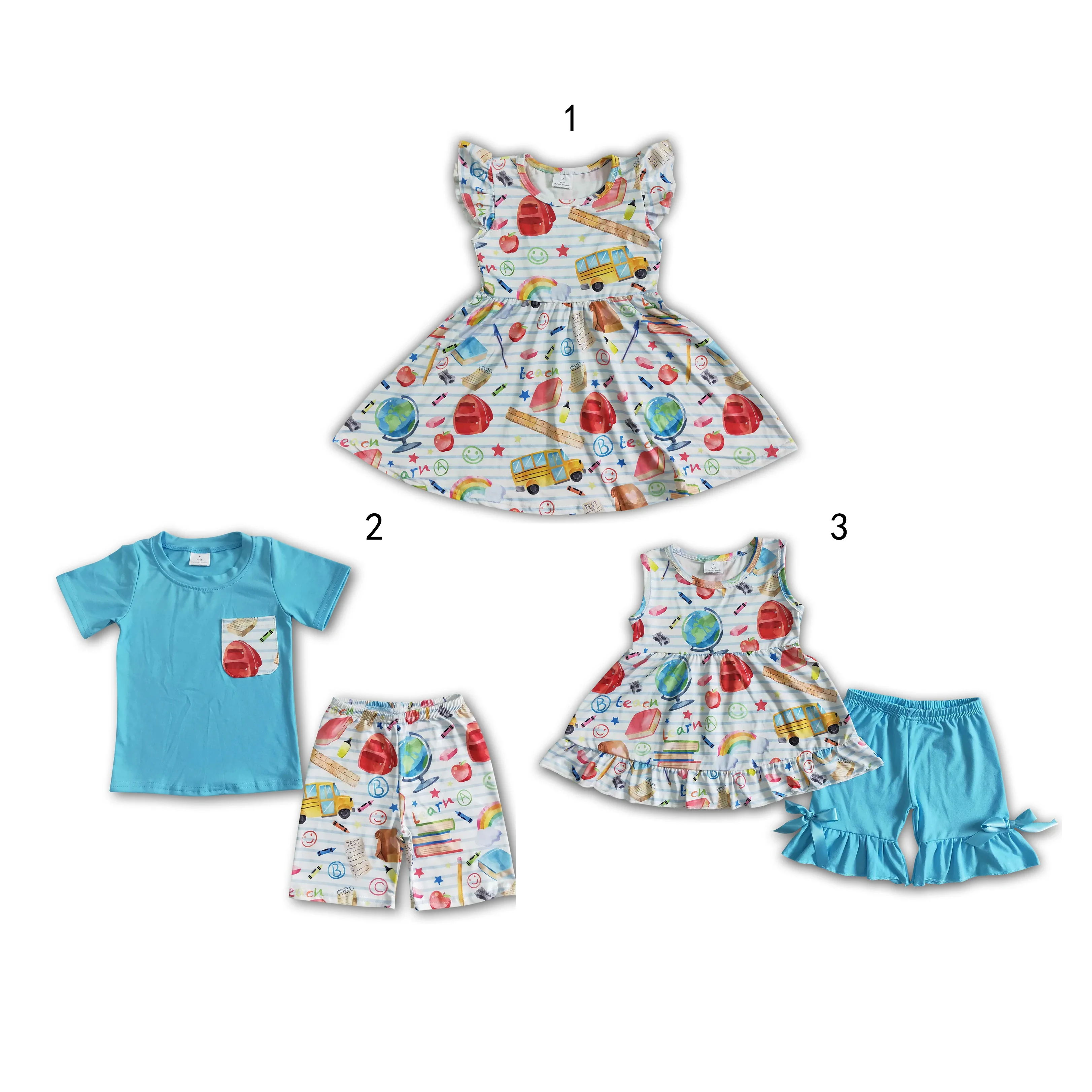 

GSSO0112 Wholesale kids clothes girl Back To School girl dresses short-sleeved shorts sets Summer Boutique baby boy clothes sets