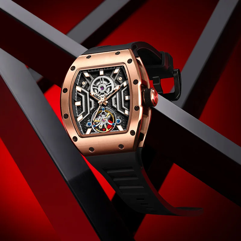 

919 CHANCE WATCH Wristwatch Black Waterproof Automatic Mechanical Watch Silicone Strap Tonneau Dial 3D Printer Handmade