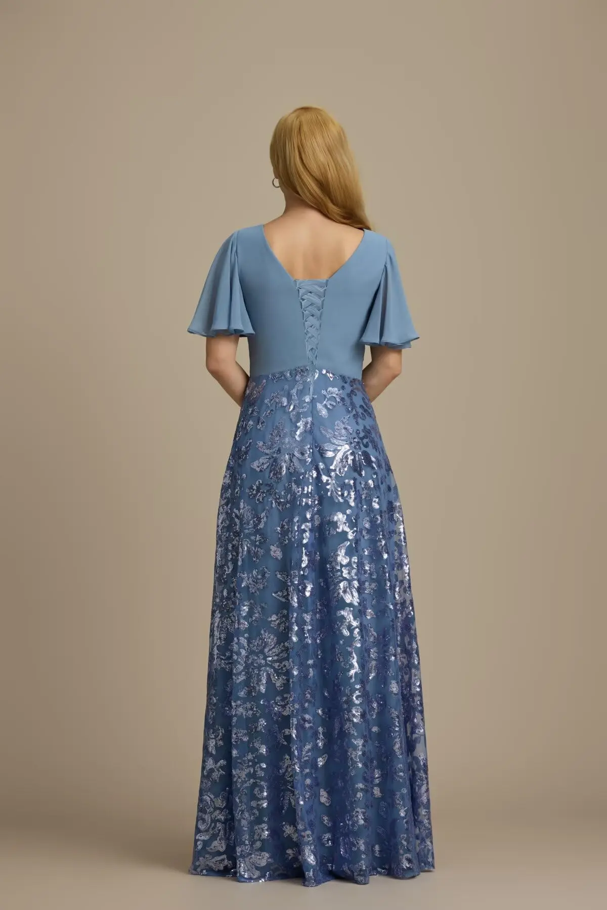 Блестящие пайетки Платья для матери невесты с развевающимися рукавами Плиссированное вечернее платье