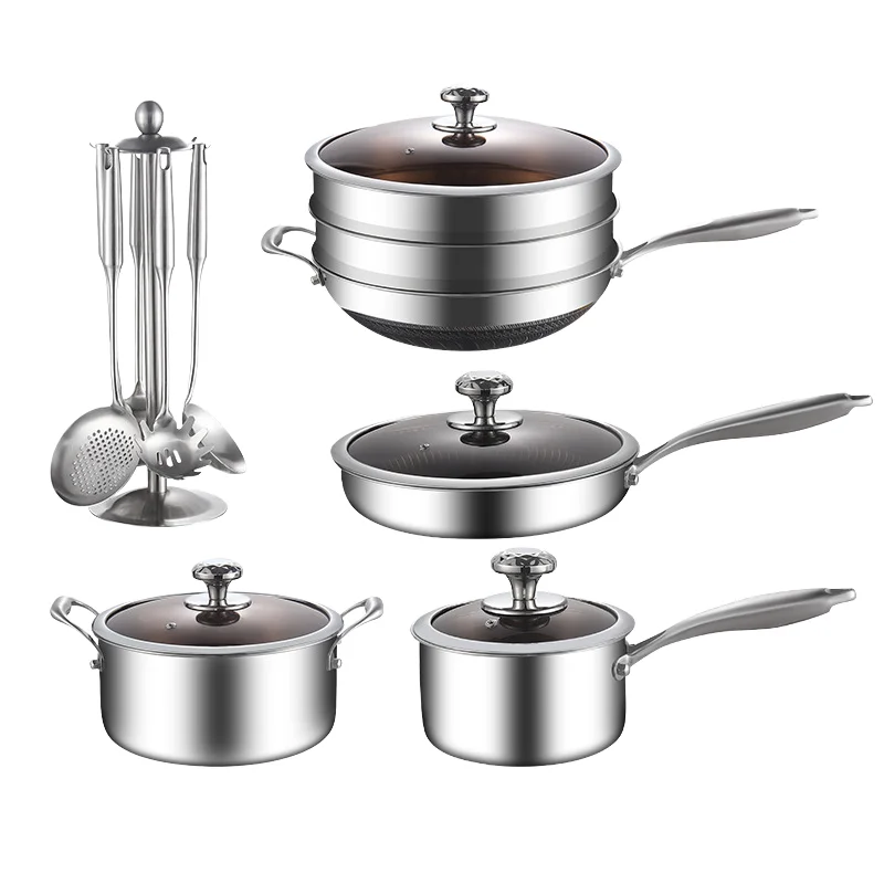 Modern 304 Stainless Steel 16pcs Cookware Set Durable Household Spatula Soup Spoon Wok Thickened Milk Pot Saucepan Metal