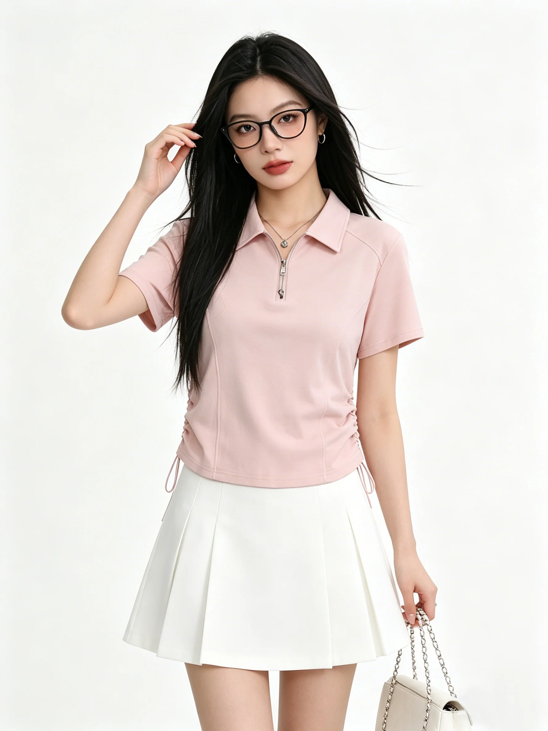 

Pink Sweet Korean Style Neck Short Sleeve T-Shirt Women Summer Half Zipper Waist Cinching Slimming Versatile Top