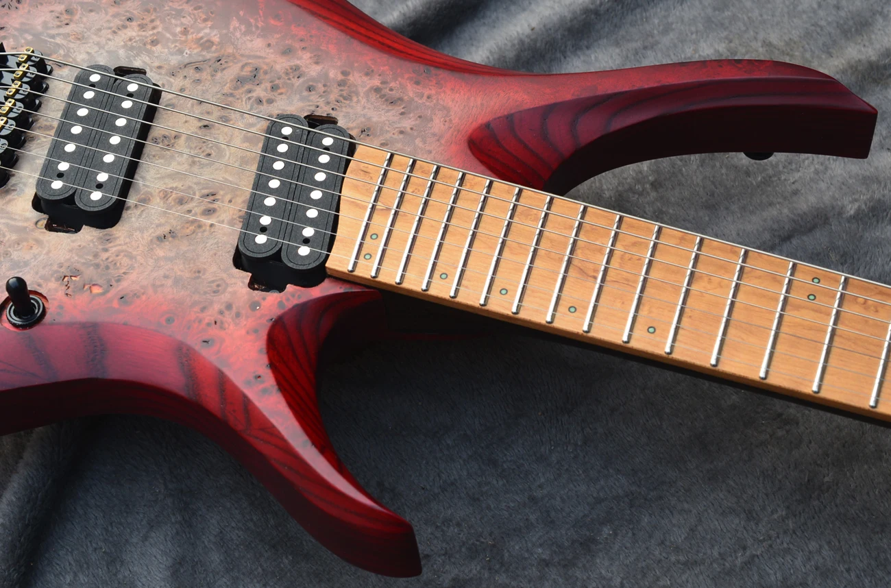 2022 new Fanned frets 7 Strings Headless Electric Guitar Red burst color Roasted Wenge Neck Ergonomic asymmetric neck