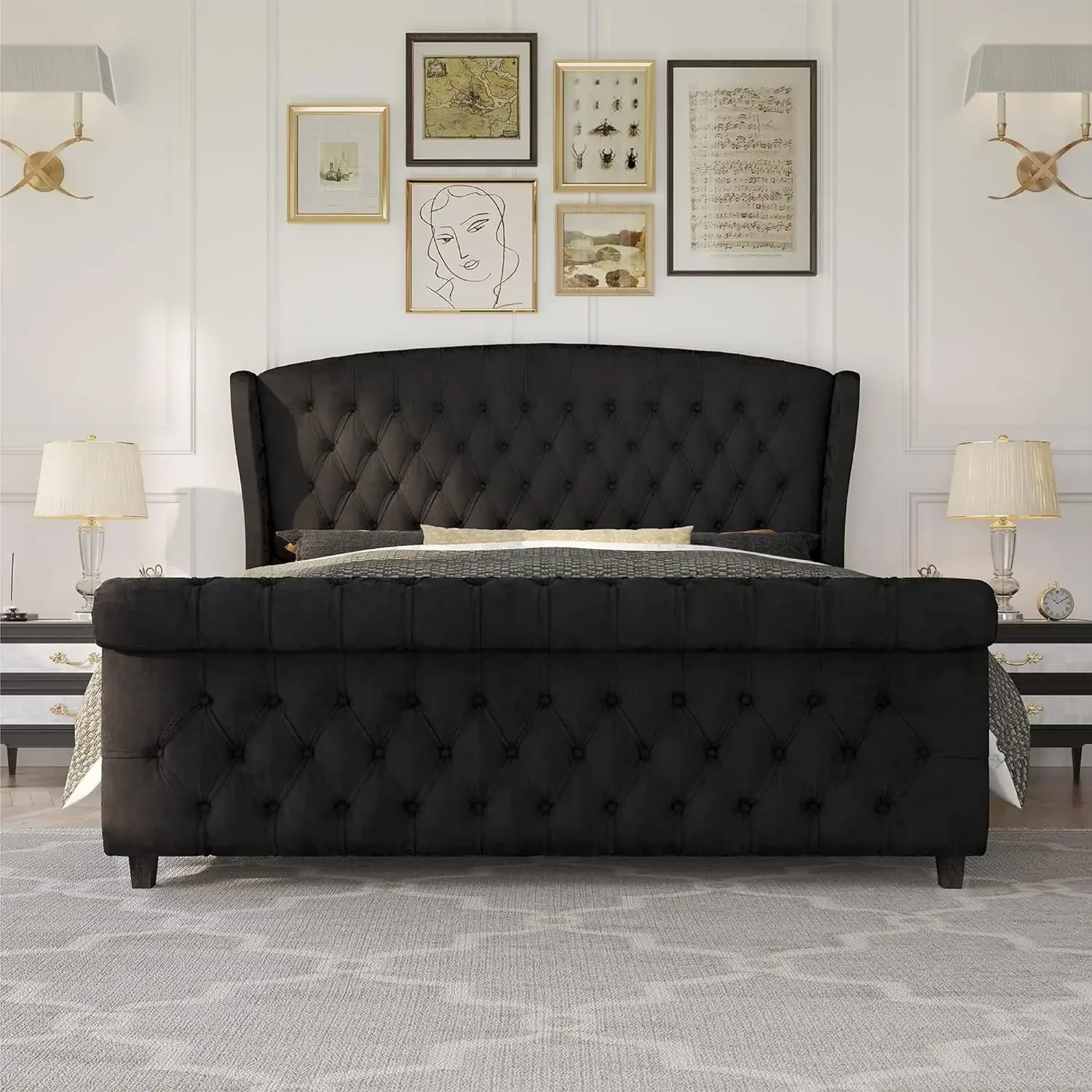 

A Queen/King Size Platform Bed Frame,Velvet Upholstered Sleigh Bed with Scroll Wingback Headboard & Footboard Tufted/No Box