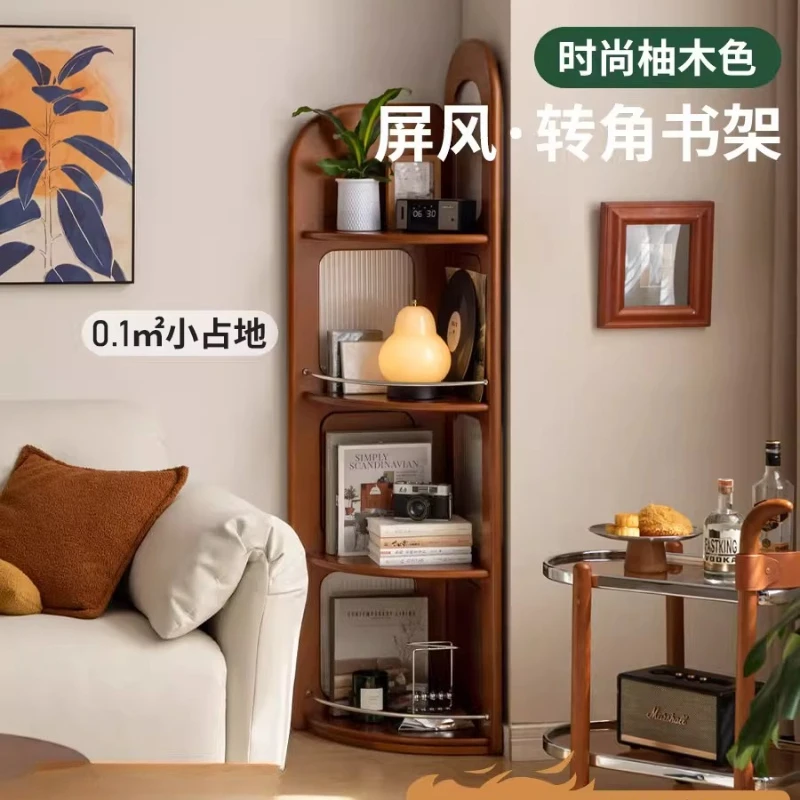 

Solid wood corner bookshelf Small apartment study retro storage rack Middle ancient style integrated shelf against the wall