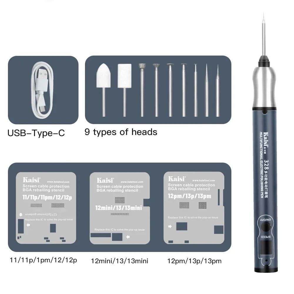 Kaisi 328 pluma pulidora de carga multifunción para placa base de teléfono CPU IC molienda corte perforación tallado conjunto de herramientas de desmontaje