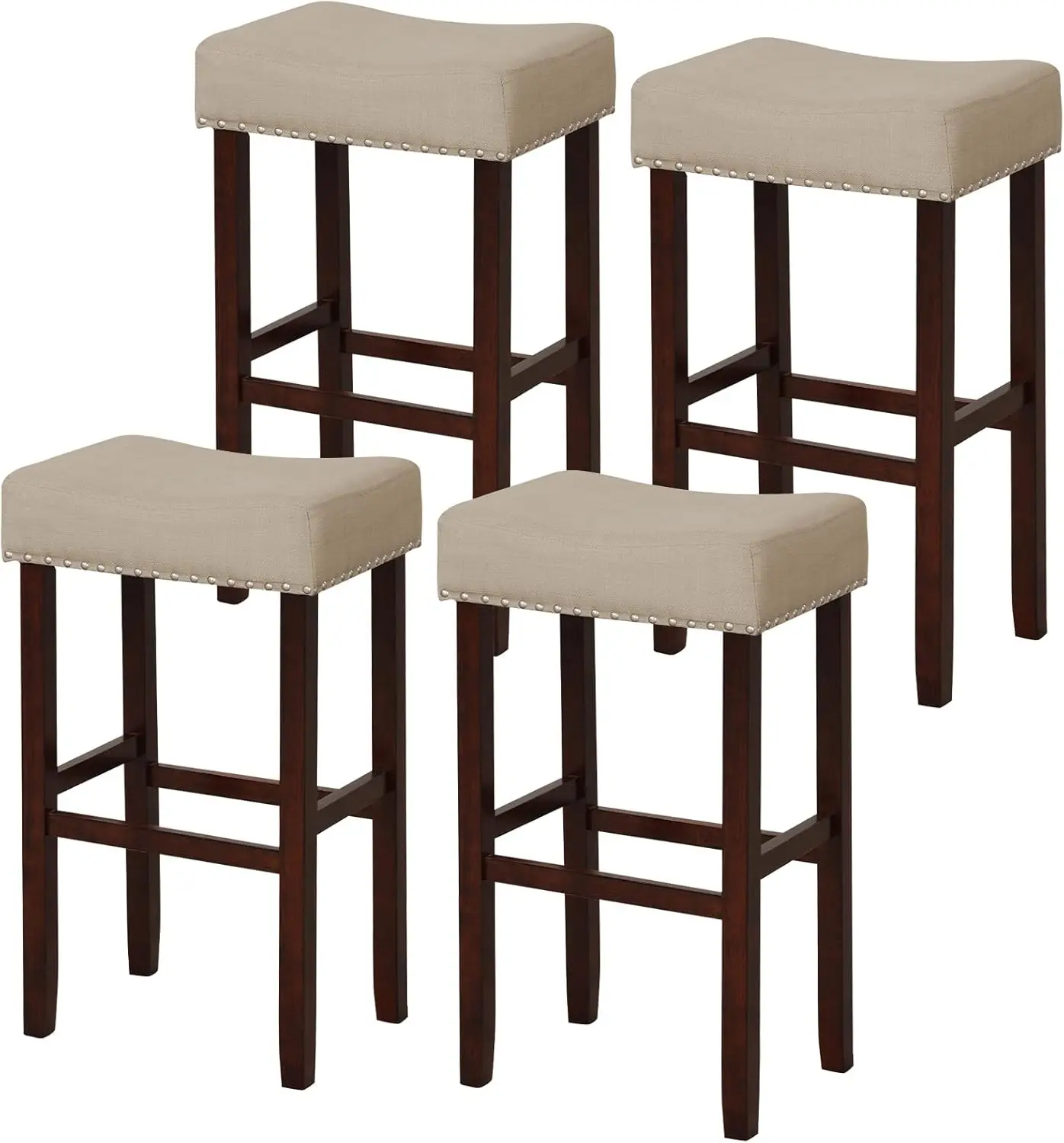 

Costway Set Of 4 Bar Stools, 29.5-Inch Backless Saddle Stools With Nailhead Trim, Rubber Wood Frame, Footrest, Max Load 330