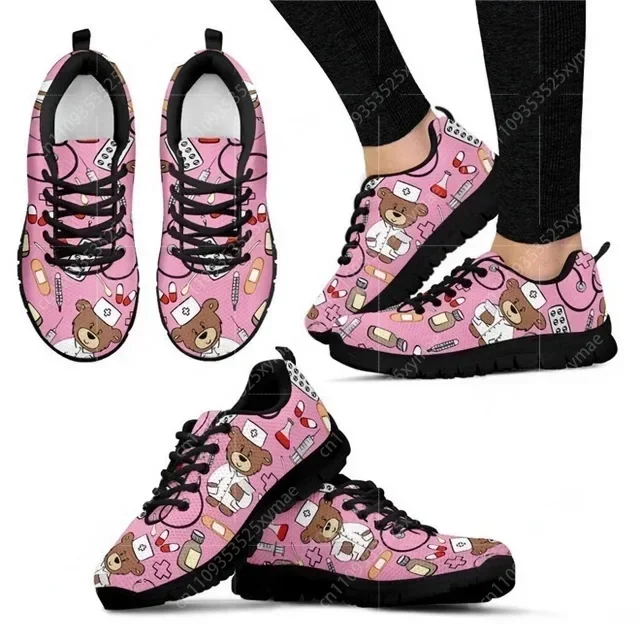 

Shoes Autumn Flats Shoes Woman Cute Cartoon Nurse Bear Print Female Lace Up Sneakers Gradient Nursing Lady Footwear