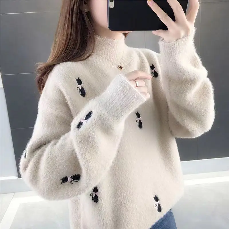 Fashion Stand Collar Knitted Embroidery Sweaters Women\'s Clothing 2023 Autumn Winter Oversized Casual Pullovers Commuter Tops