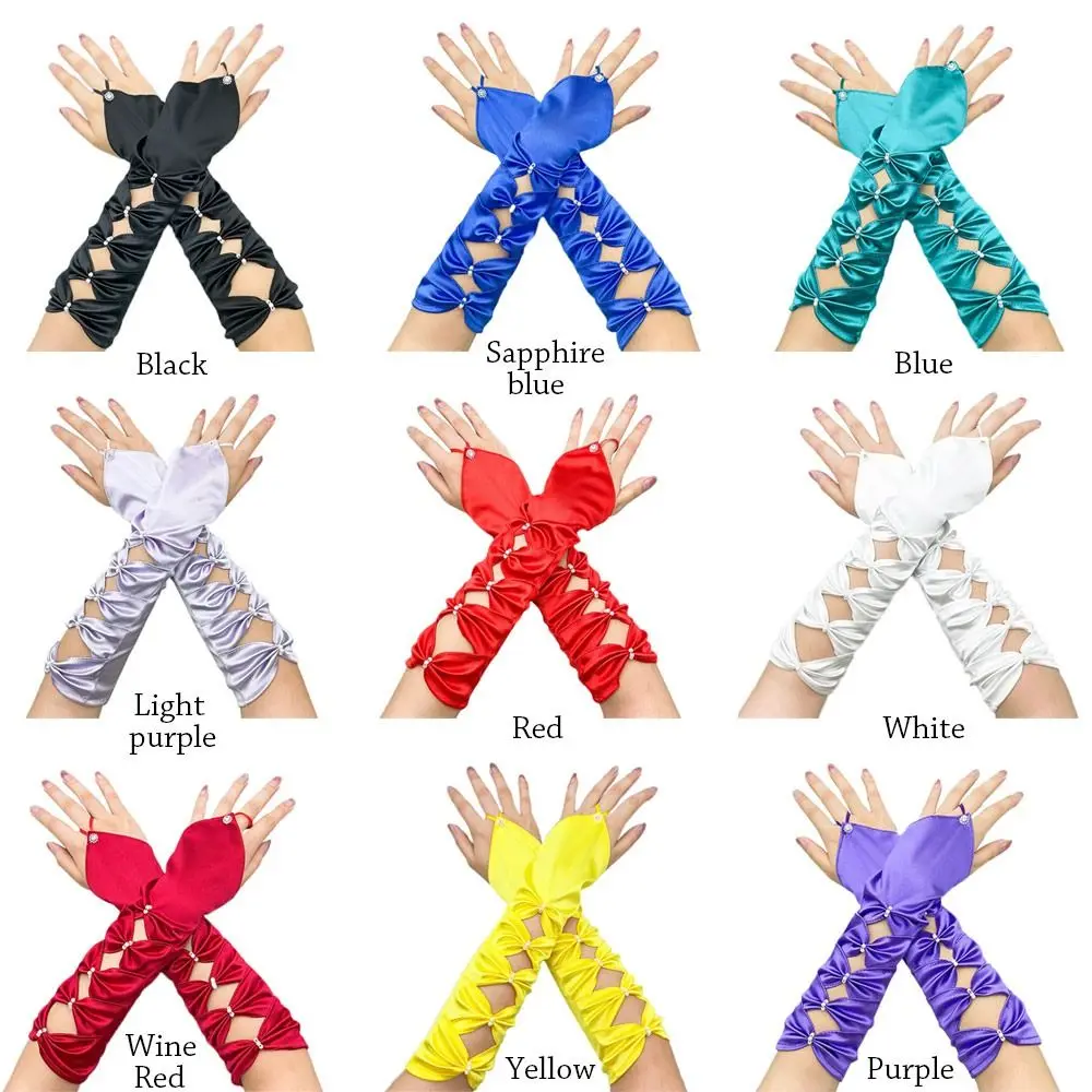 قفازات أنيقة بدون أصابع مرنة للكوع ، قفازات ساتان طويلة للكوع